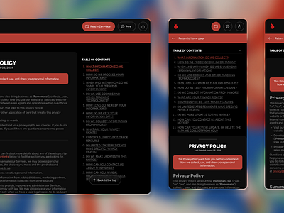 Pomomato privacy page - 2nd iteration + mobile branding clean concept dark legal minimal mobile pomodoro privacy red sketch terms ui web