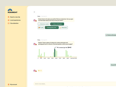 ✈ Roamright - Smart travel planner ai app branding chart colors design discussion illustration llm logo message product design search sidebar ui ux