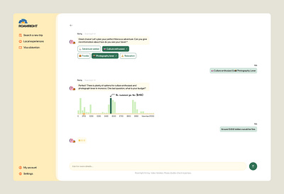 ✈ Roamright - Smart travel planner ai app branding chart colors design discussion illustration llm logo message product design search sidebar ui ux