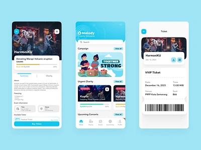 Melody - Charity Concert App UI/UX Animation after effects animation blue branding dribbbleshowcase figma illustration inspiration logo motion graphics prototype protoyping soft ticket ui ui design uiexploration uiux userinterface uxdesign