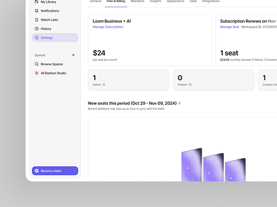 Settings Page - Loom Concept Design app design branding card design clean concept design design desktop design light loom loom redesign minimal minimalist purple settings settings page ui ux web app web app design website design