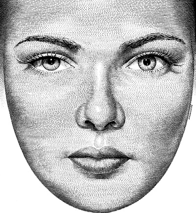 Gene Tierney actress black and white engraving face girl illustration portrait scratchboard woodcut