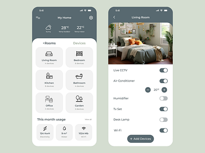 App design: Smart Home Control App UI Design app climate control connected home device control energy monitoring esponsive interface home automation home management indoor climate intuitive navigation minimal design mobile app ui remote control room management smart devices smart home smart living tech innovation uiux design user friendly interface