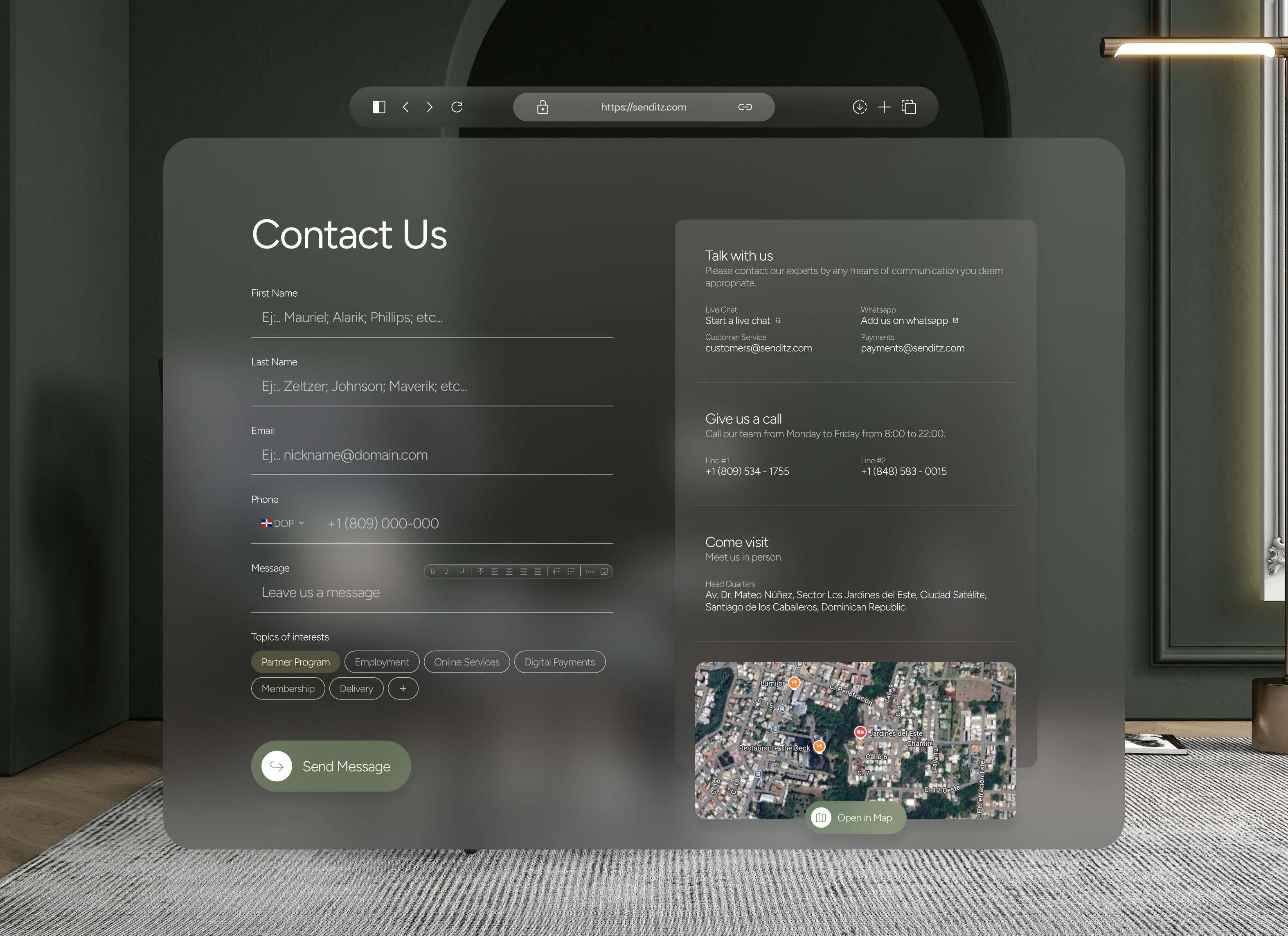 Vision OS - Contact Page concept address aeroglass blur clean concept contact contact form design form glasmorphism ios map minimal os sketch ui ux vision vision os