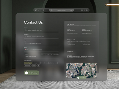 Vision OS - Contact Page concept aeroglass blur clean concept contact form glasmorphism map minimal os sketch ui vision vision os