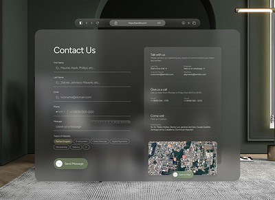 Vision OS - Contact Page concept aeroglass blur clean concept contact form glasmorphism map minimal os sketch ui vision vision os