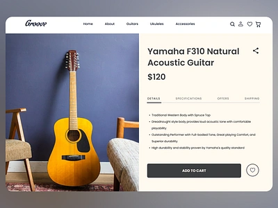 Landing page: Acoustic Guitar Product Page Design acoustic guitar add to cart clean interface e commerce design earthy color palette guitar accessories guitar shopping minimal design modern e commerce music store musical instruments online shopping product details product page product showcase structured layout ui design user friendly ux design yamaha guitar