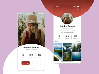 Mobile design: Travel Photographer Profile UI Design app navigation bio section clean layout content showcase digital profile follower count minimal design mobile ui modern interface personal branding photo grid photography app portfolio display profile design social media app travel photography user engagement user experience user interface visual storytelling