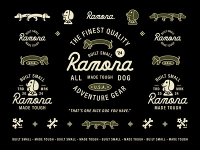 Ramona adventure adventure gear art direction badges branding built small creative direction dachshund dog bones dogs flowers graphic design logo logos made tough marks packaging trademark typography usa