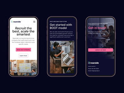 Nearside Landing Page Design – Mobile Preview b2b design bold accent colors call to action clean design colorful dark background fun landing page mobile view modern nearshoring pink recruitment platform remote team service page tech startup ui design ui inspiration vibrant ui web design