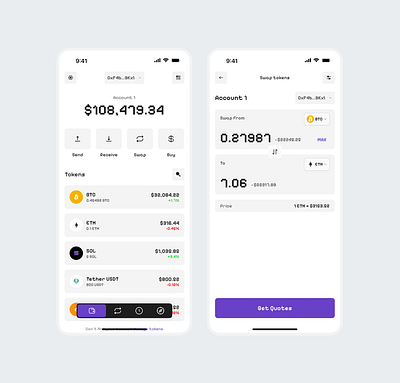 Crypto Wallet App btc crypto design eth sol swap token ui uidesign uiux usdt ux wallet web3