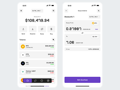 Crypto Wallet App btc crypto design eth sol swap token ui uidesign uiux usdt ux wallet web3