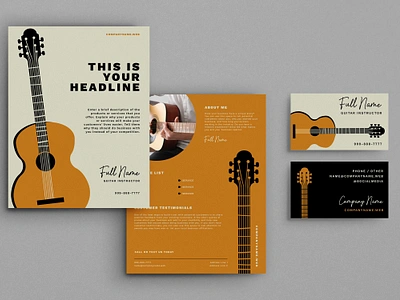 Illustrated Guitarist / Guitar Tutor Brand Identity Set accoustic branding business card flyer fretboard guitar guitar lessons guitarist humbucker marketing music