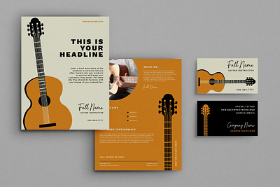 Illustrated Guitarist / Guitar Tutor Brand Identity Set accoustic branding business card flyer fretboard guitar guitar lessons guitarist humbucker marketing music