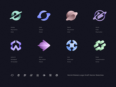 Logo Vector Sketches for World Makers ai ar blockchain branding crypto defi fintech gaming gradient icon identity lettering logo multiplayer portal saas startup tech vr web3