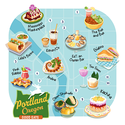 Portland Food Map beverage cartoon cocktail dining eat food illustration map oregon portland travel vector visit