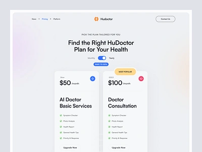 Hudoctor - AI Health Pricing agency ai booking clinic consultant design digital doctor elementor framer health landing page pricing table ui webflow website wordpress