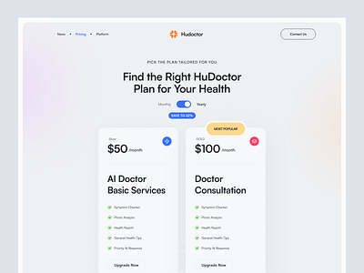 Hudoctor - AI Health Pricing agency ai booking clinic consultant design digital doctor elementor framer health landing page pricing table ui webflow website wordpress