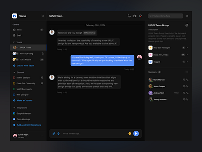 Collaborative Chat Page cansaas chat chat page collaboration collaborative chat conversation dark dark mode dashboard design interface mail management message product design saas saas product team ui ux