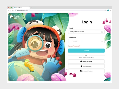 Snout Scouts - Login Page Illustration adventure games adventurer animals blog colorful digital art floral game illustration illustration jungle kids landing page login page playing snout scout top section uiux vector website game