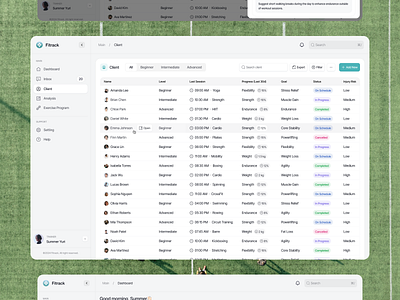 Fitrack - Data-driven Fitness Platform AI (Client Page) clean dashboard design fitness dashboard fitness dashboard ai health dashboard meditation minimalist modern saas trainer dashboard ui ux web dashboard workout workout dashboard