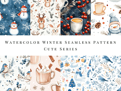 Watercolor Winter Seamless Pattern - Cute Series animal christmas cute design digital art drawing gift holiday illustration painting pattern pattern bundle seamless seamless pattern snow watercolor winter xmas