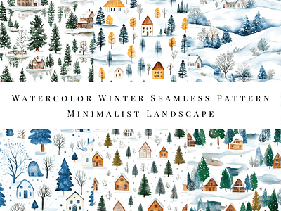 Watercolor Winter Seamless Pattern - Minimalist Landscape cute design digital art drawing holiday illustration landscape painting pattern seamless seamless pattern snow snow pattern village watercolor watercolor pattern winter winter season