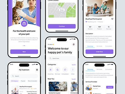 Pet Care Mobile App app appoinment care cat clean design doctor dog foods home maps medicine mobile pet petcare purple service uidesign uiux veterinary