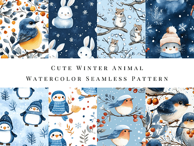 Cute Animal Winter Watercolor Pattern Collection animal animal illustration bird christmas cute design drawing holiday illustration painting pattern pattern collection penguin rabbit seamless seamless pattern watercolor watercolor pattern winter xmas