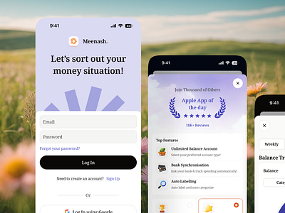 Meenash - Budget & Expense Tracker App budget cash cashflow chart clean credit debt expense finance fintech invest loan login mobile modern onboarding paywall sign up tracker widget