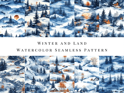 Winter and Land - Watercolor Seamless Pattern christmas cute design drawing gift wrap holiday illustration landscape nature painting pattern scenery seamless seamless pattern wallpaper watercolor watercolor pattern winter winter pattern