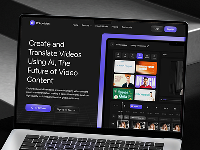 Robovision - AI Video Creation Landing Page ai avatar artificial intelegent avatar customize editing video generate generativ gpt heygen human ai machine learning product design promt teemplate video creation video editing video generate video generating video template