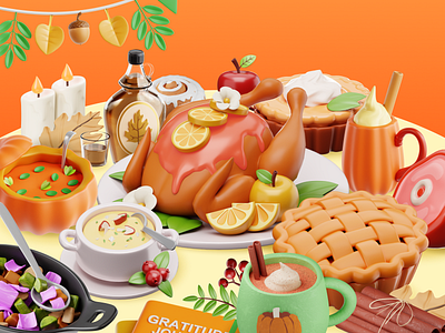 Thanksgiving- 3D Assets 🍂 3d 3d illustration apple pie cinnamon design design asset family feast festive food free asset holiday iconscout illustration meal season soup thanksgiving turkey