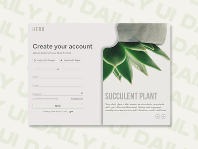 Daily UI 001 — Sign Up 001 beauitful branding challenge clean create account dailyui design figma green illustration inspiration logo modern plants sign in page signup ui ux web