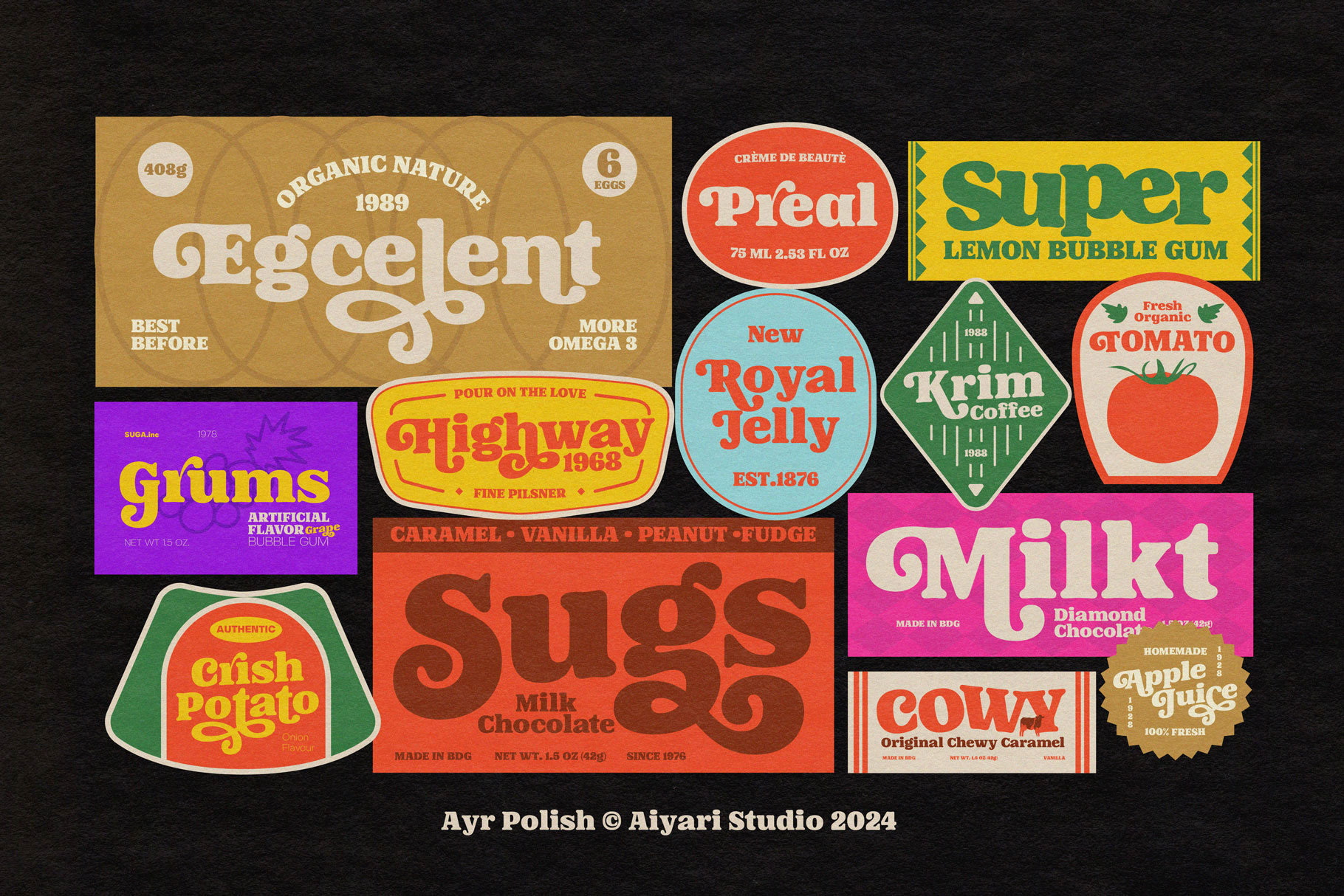 Modern retro label 70s 80s aiyari bold branding display floursih font old style serif open type playful retro retro font retro label typeface