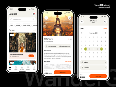 WanderGo - Travel Mobile App adventure agency app booking clean corporate design explore hiking hotel journey real estate startup ticket traveller trip ui ux web world