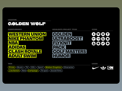 Motion: Golden Wolf Creative Portfolio Overview advertising animation art direction bold typography brand identity branding campaign design client portfolio creative agency design icons digital content graphic design logo design media production motion graphics portfolio layout project showcase video production visual impact visual storytelling