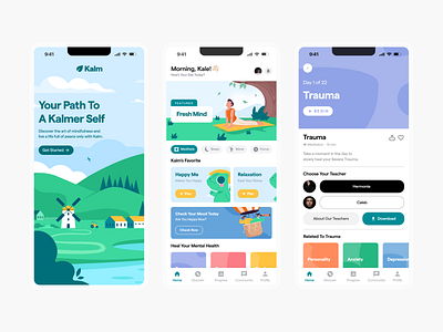 Kalm - Mental Health Application animation app app design application branding calm design figma health illustration logo meditation mental health mobile mobile app online ui user interface ux ux design