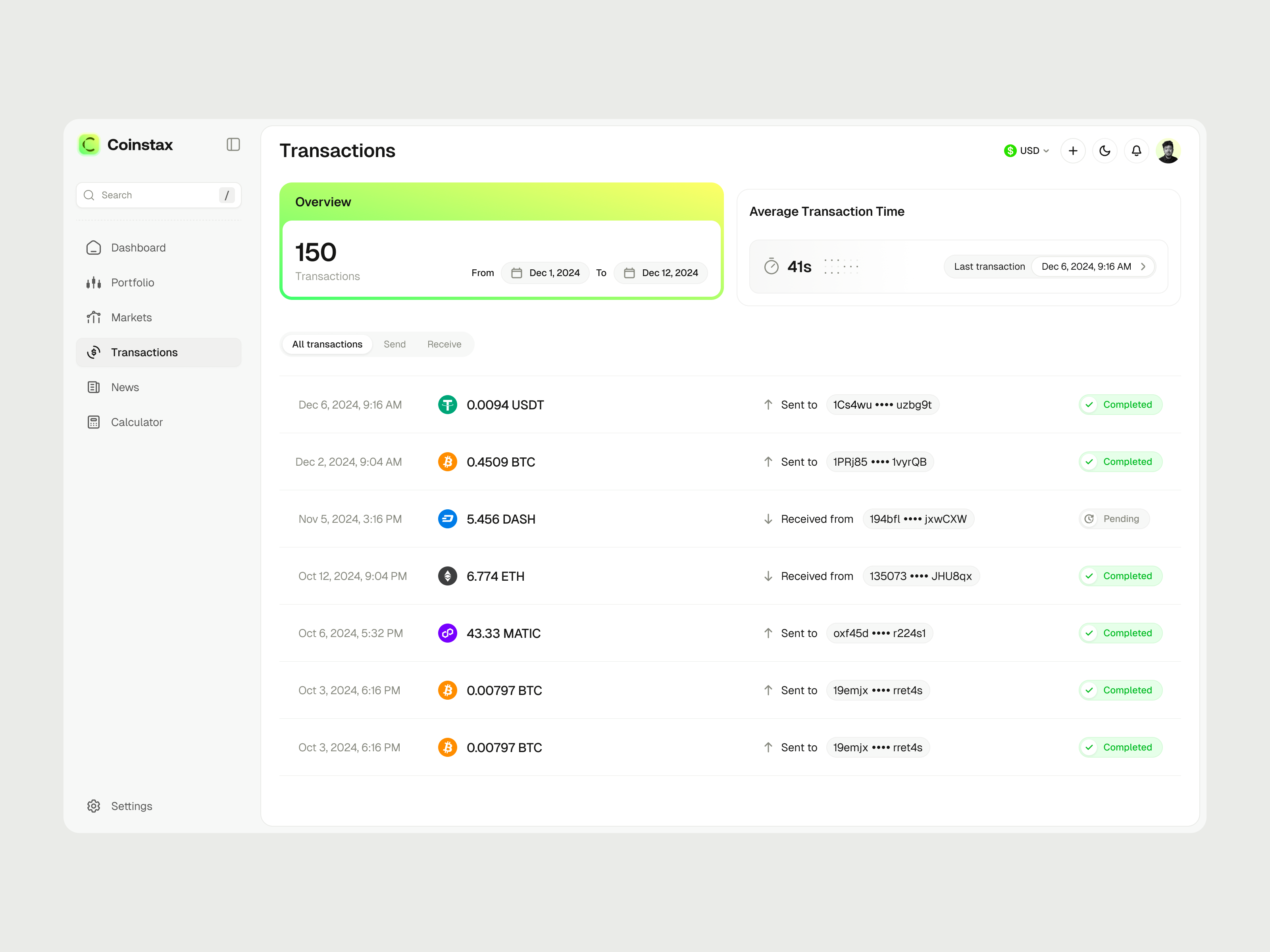 Coinstax: Transactions v1 blockchain saas clean dashboard coinstax crypto dashboard crypto portfolio crypto transactions crypto wallet fintech dashboard fintech ui popular ui saas dashboard saas ui transactions ui ui design user interface web3 web3 dashboard web3 ui