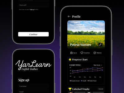 YarLearn App UI dark graphic design login mobile profile signup ui ux