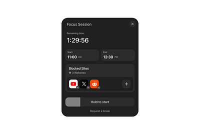 Focus Session alarm app button component dark mode design design system figma focus interface design landing page minimalist modal pomodoro session timer ui ui design ui kit widget