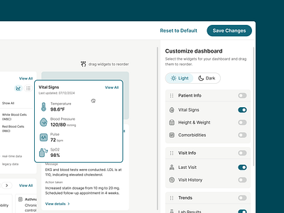 Patient Dashboard Customization, Widgets Drag&Drop app clinician customization customization panel dashboard design dragdrop green health healthcare interface medical patient patient dashboard reorder ui uiux ux web widgets