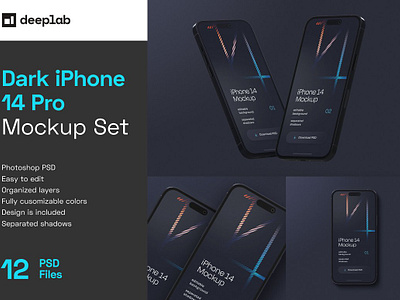 Dark iPhone 14 Pro Mockup Set 14 app cellphone dark iphone 14 pro mockup set design device display iphone mockup modern new phone realistic screen smart touchscreen ui