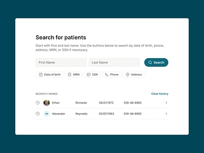 Search for Legacy Patient Data app clinician dashboard design filters green health healthcare history interface legacy data medical patient search search results table ui uiux ux web