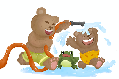 Happy Bears with Frog 2d characters children book childrens book childrens illustration cute animals digital art digital illustration graphic design illustration joyful expressions kids illustration lively scene playful animals playful bears raster illustration storybook art summer adventure vibrant colors whimsical art