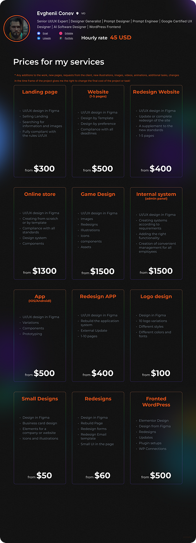 Prices for my services branding design econev evgheniiconev figma freelance graphic design illustration lizzardlab logo price ui uiux ux vector