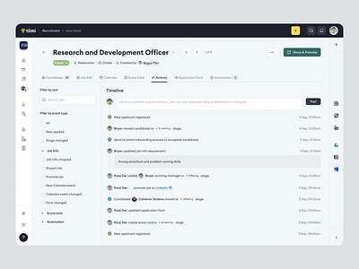 Tiimi - Recruitment Job Activity Details in SaaS HR Management activity candidate company dashboard hiring hr hrd hrm hrms hrs job log product design recruitment saas saas design team management ui ux web app