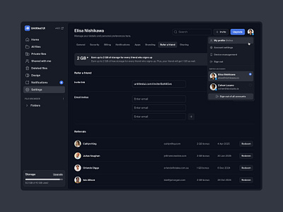 Refer a friend — Untitled UI dark mode dark theme darkmode design system figma figma design system form minimal preferences product design referral settings settings page ui design ui kit ui library user interface