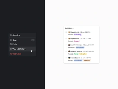 Attio - View attribute edit history activity attio clean contextual menu crm desktop history interface pixel perfect popover tags timeline ui webapp