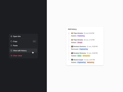 Attio - View attribute edit history activity attio clean contextual menu crm desktop history interface pixel perfect popover tags timeline ui webapp